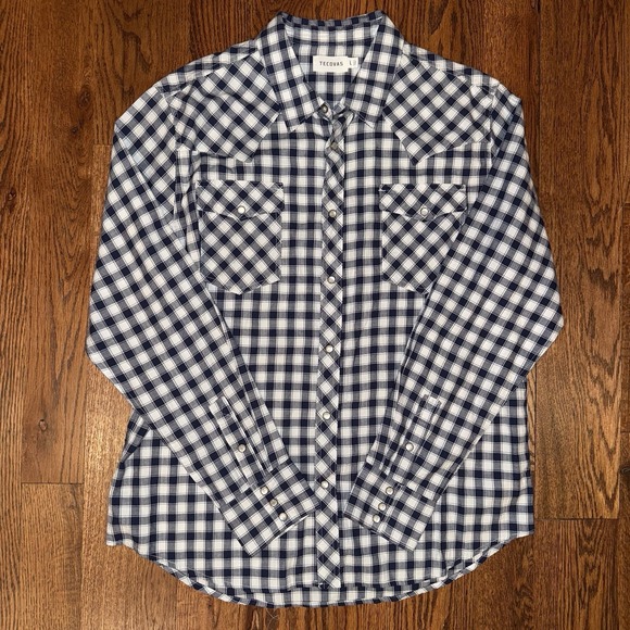 Tecovas Long Sleeve Pearl Snap Shirt Men's Large Blue White Plaid Cotton - Picture 2 of 6